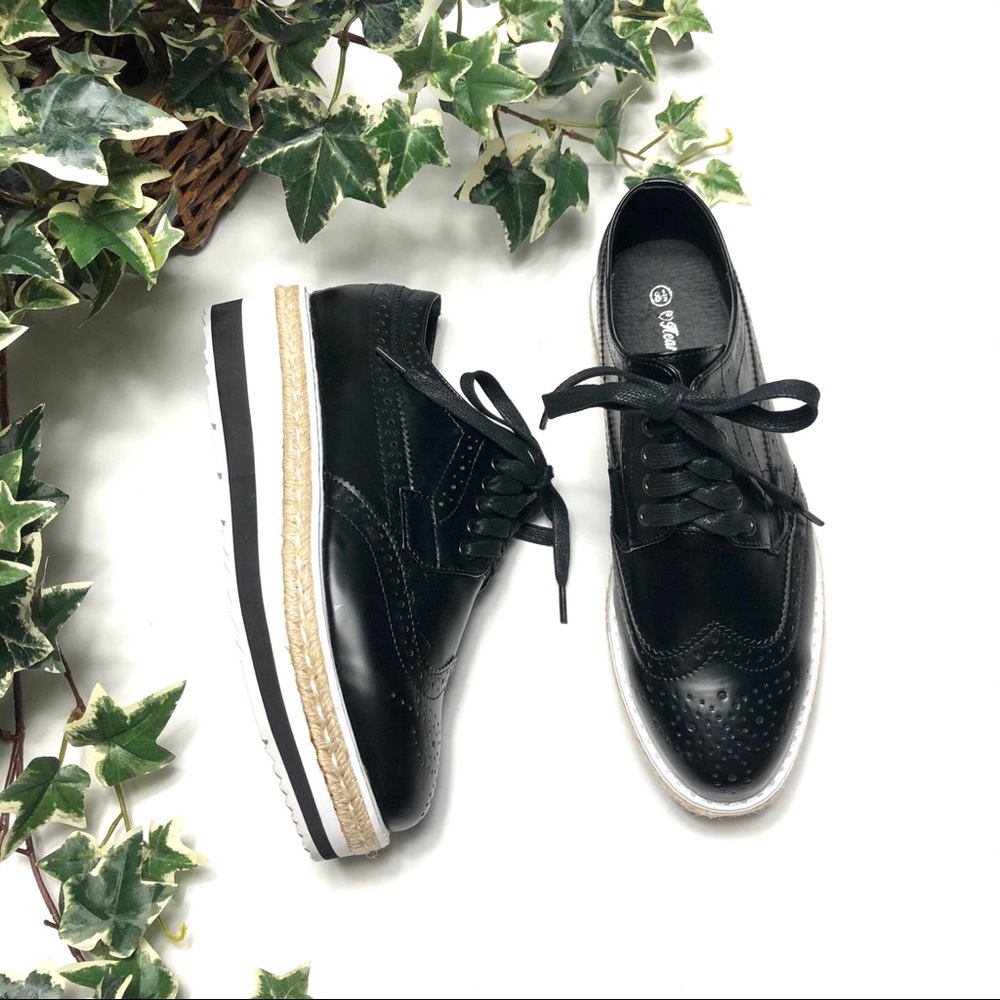 Black Leather Espadrille Platform Sneakers NEW 8.5